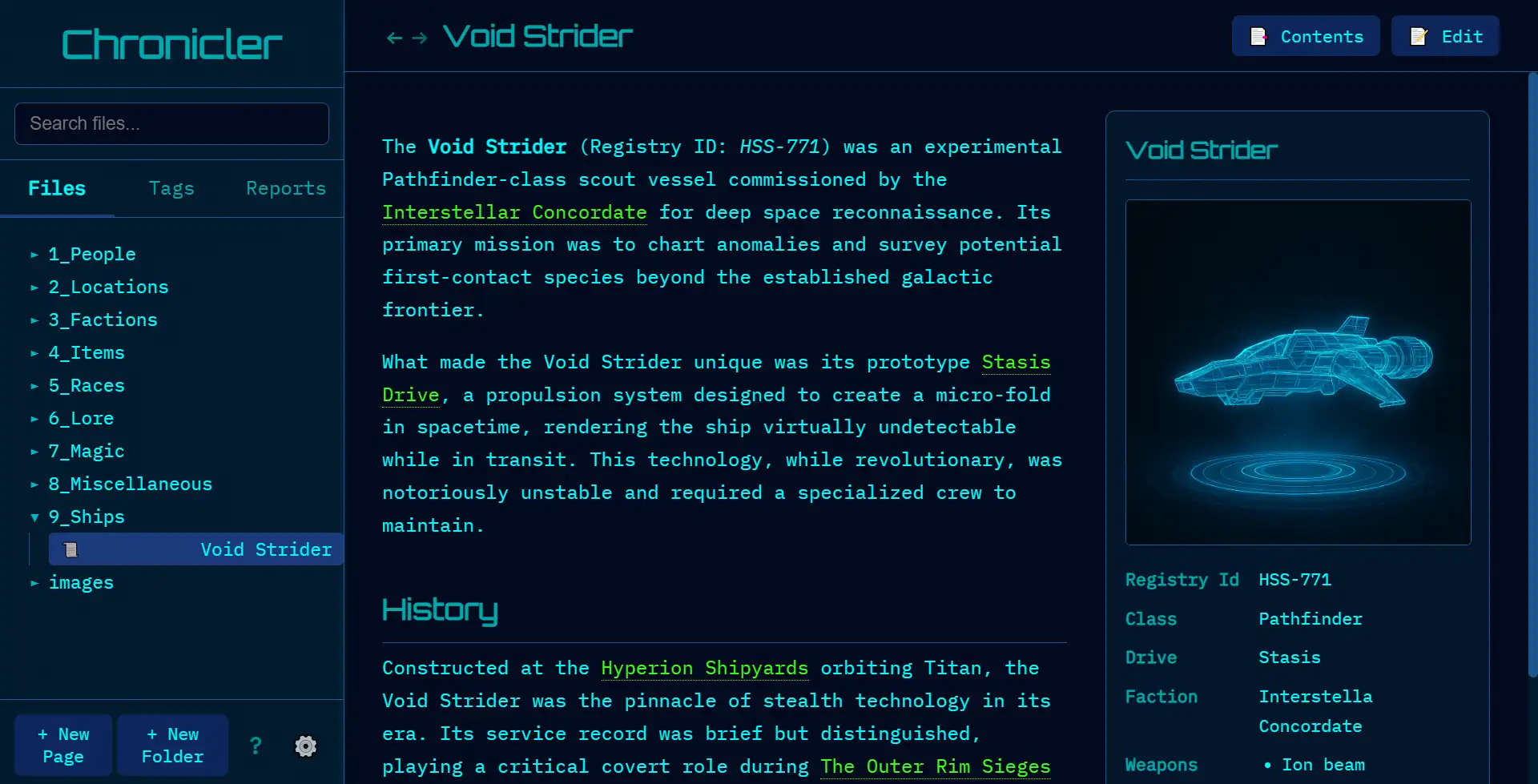 A screenshot of the Chronicler app showing an example of a page for 'Void Strider'.
