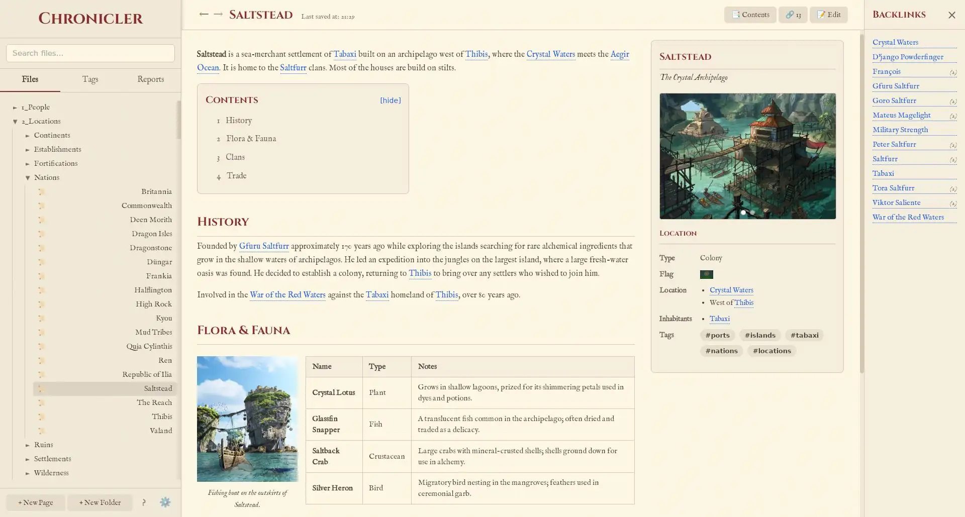 A screenshot of the Chronicler app showing an example of a page for 'Saltstead'.