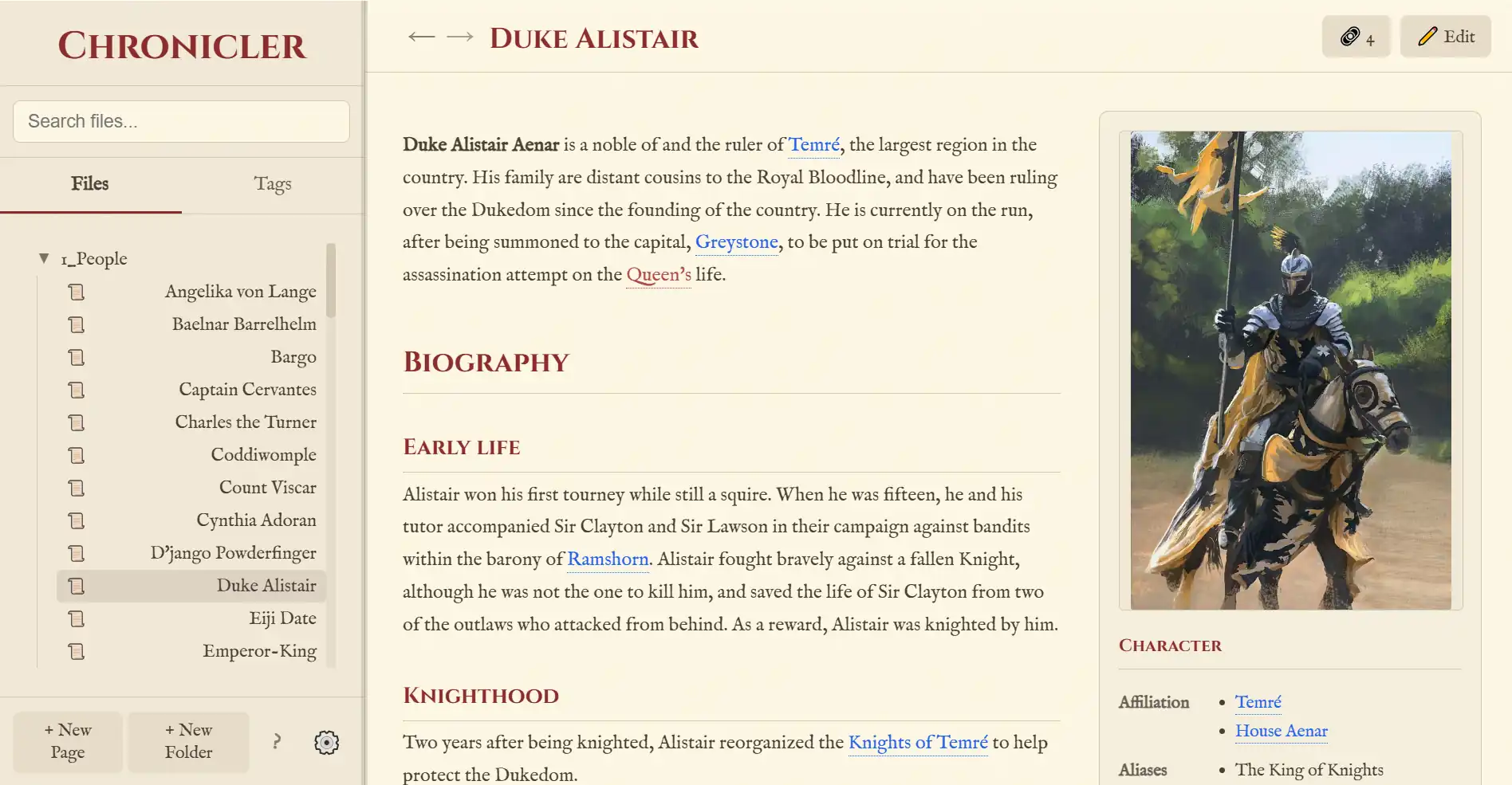 A screenshot of the Chronicler worldbuilding tool showing the Parchment & Wine theme, with a document open about a character named 'Duke Alistair'.