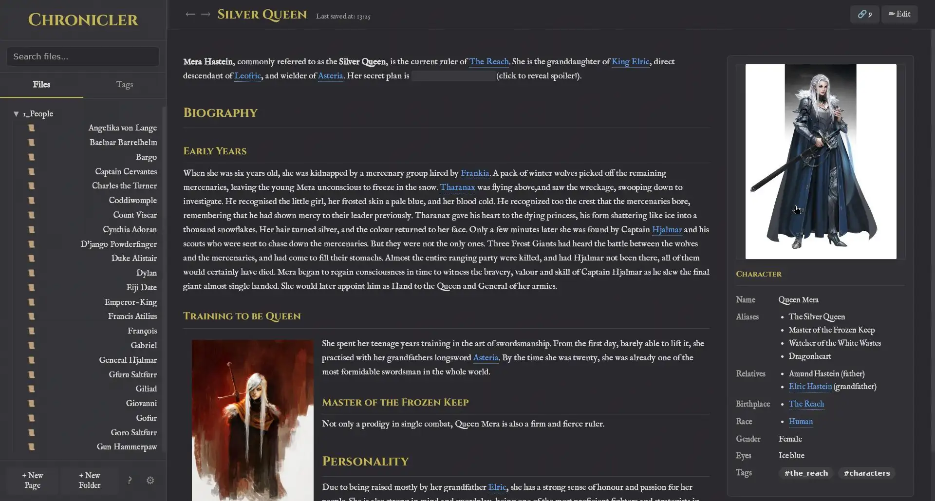 A screenshot of the Chronicler app showing an example of a page for 'The Silver Queen'.