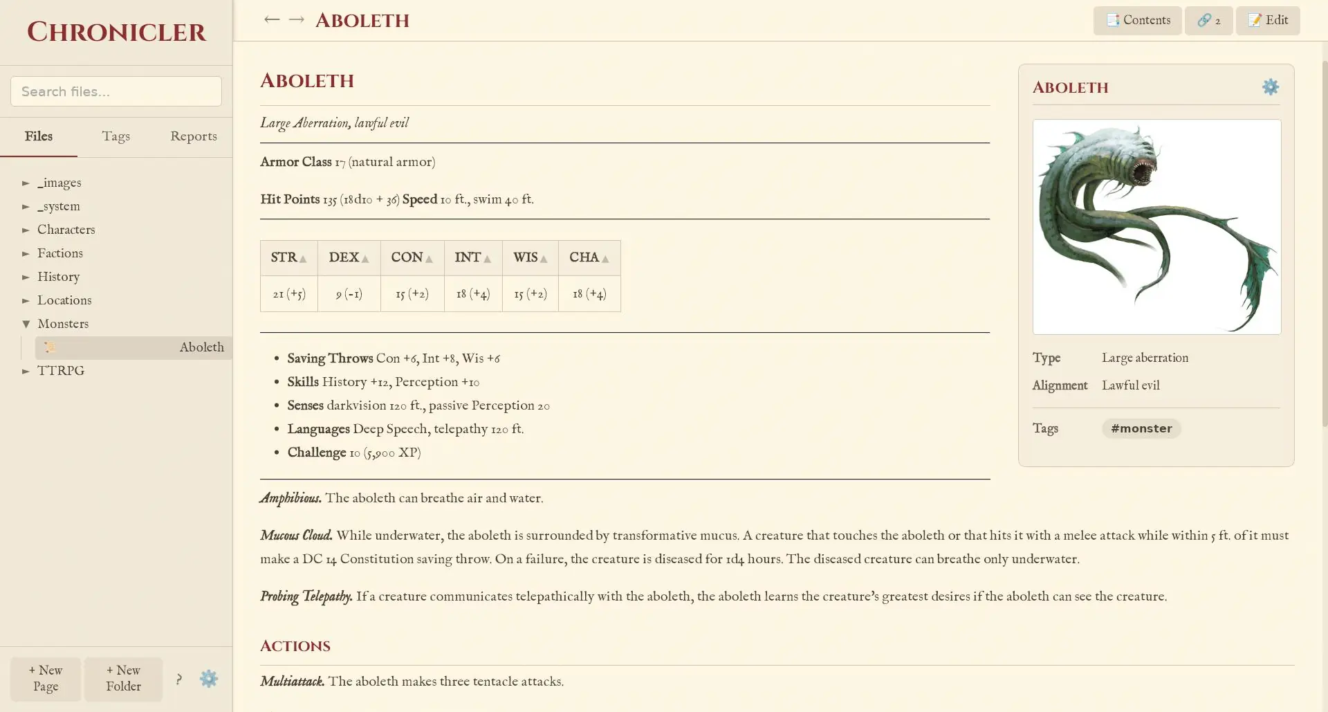 RPG Monster block with stats, abilities and portrait.