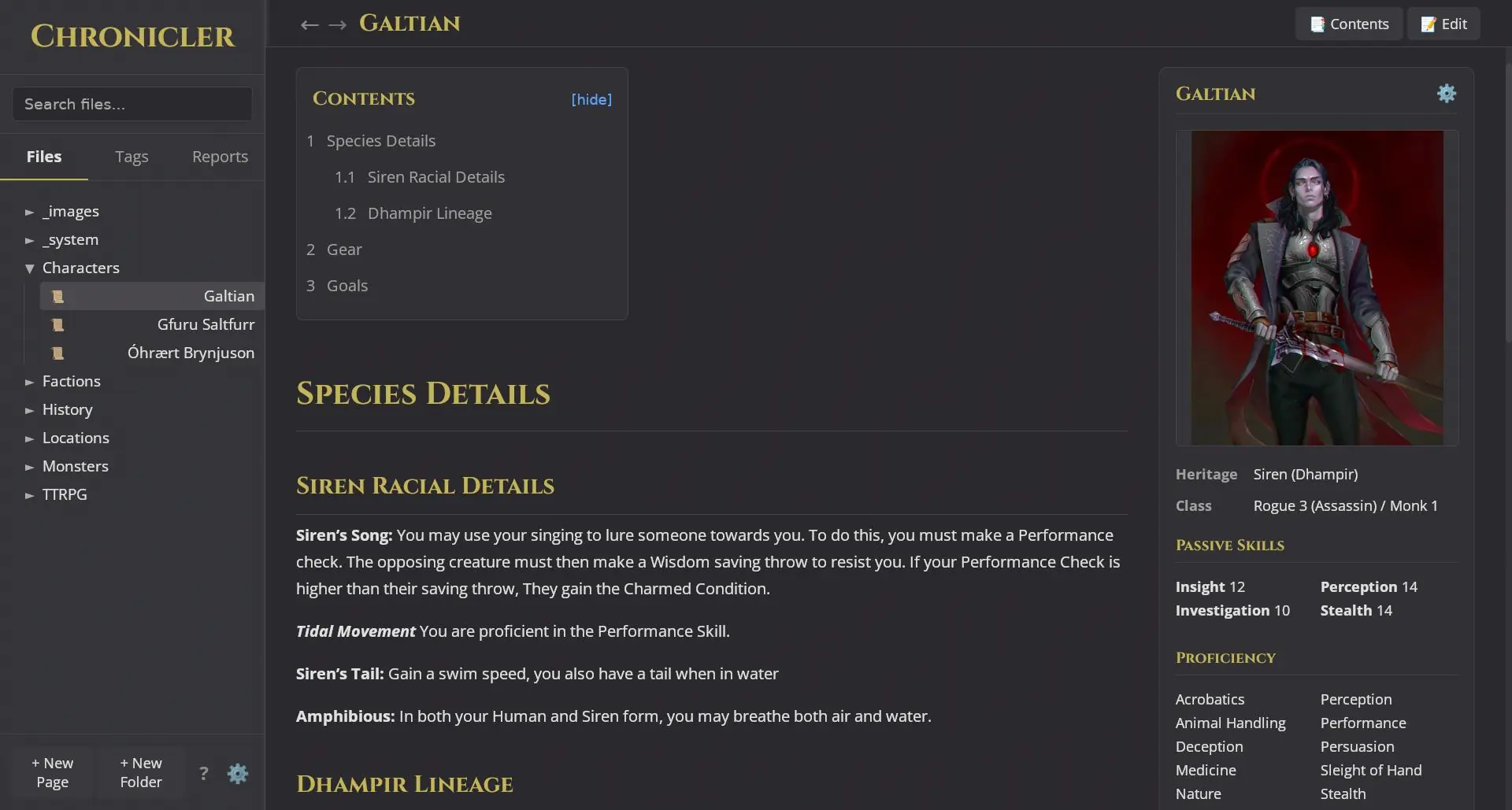 RPG Character page with stats, portrait and species details.