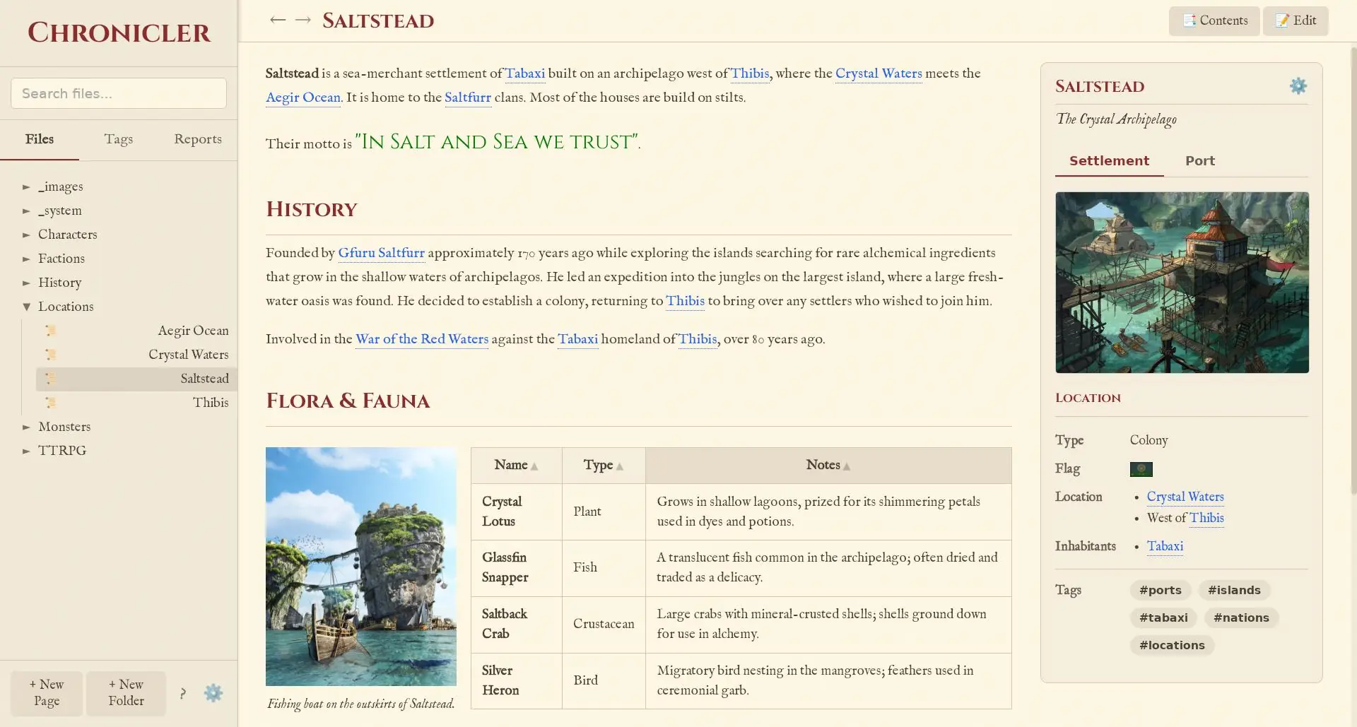 Location page with flag, flora, fauna, history, and inhabitants.