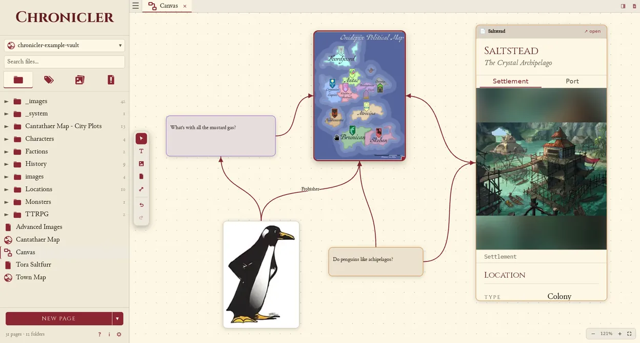 Video demonstration of Chronicler's canvas, a freeform board for arranging notes, images, and pages and connecting them with arrows.