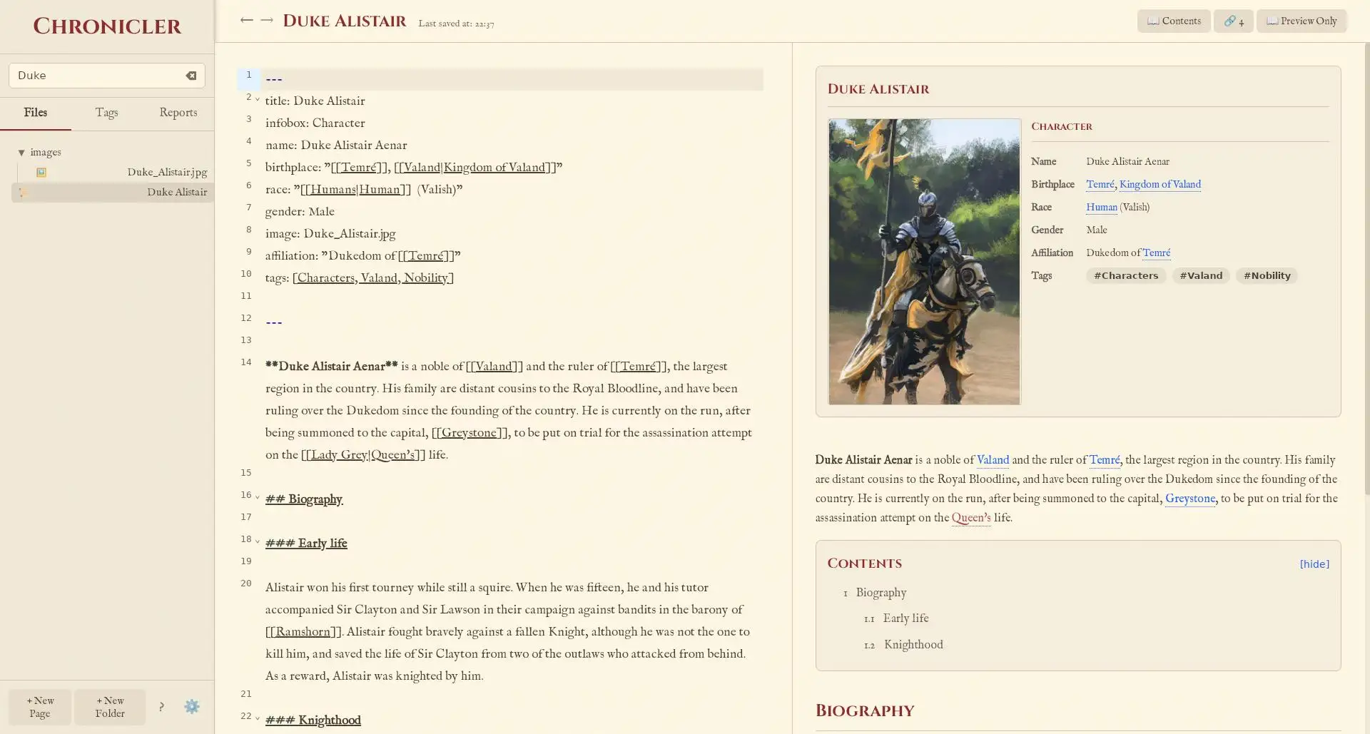 Video demonstration of Chronicler's instant wiki-linking and split-screen editing workflow.